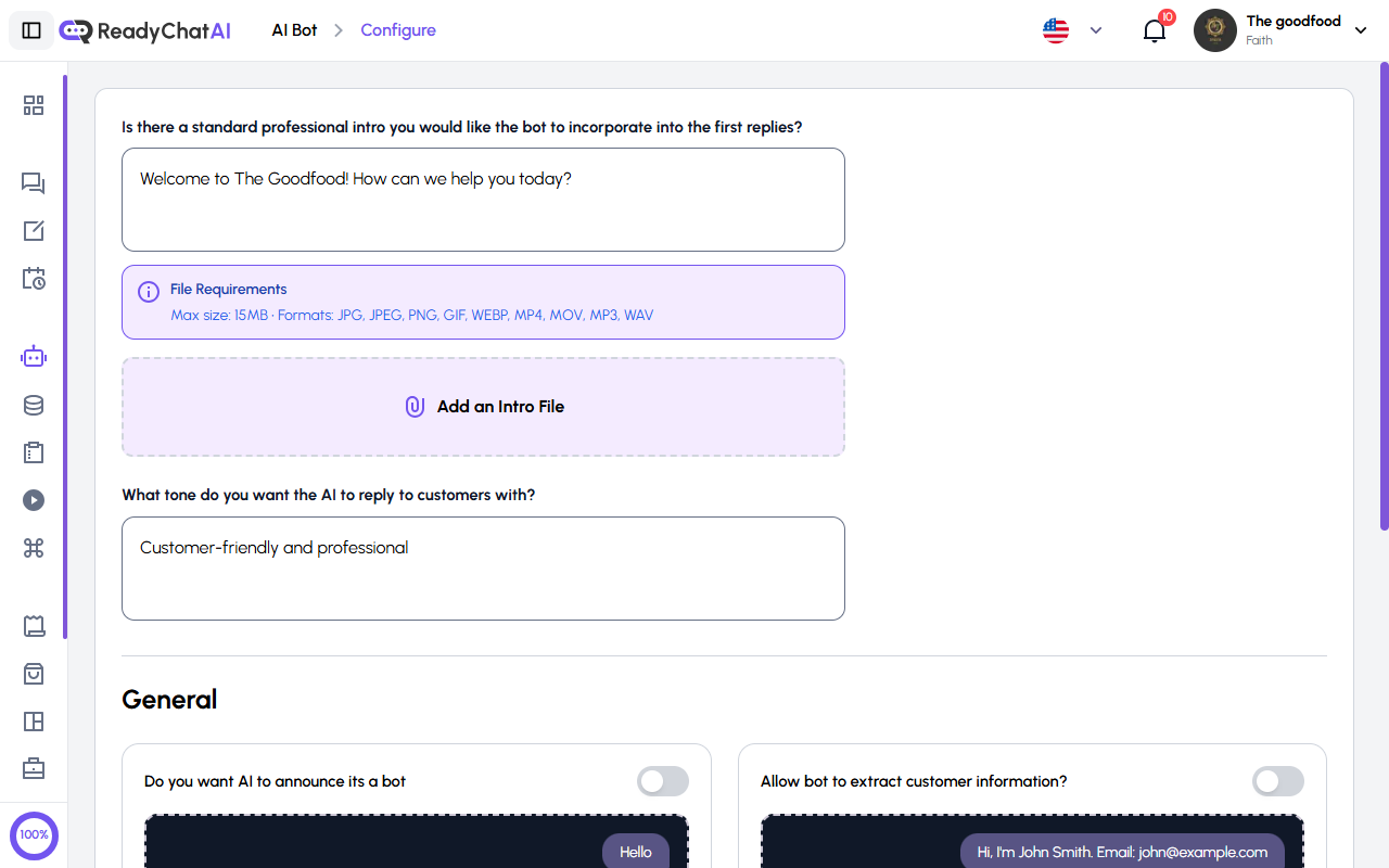 ReadyChatAI Bot Configuration Page