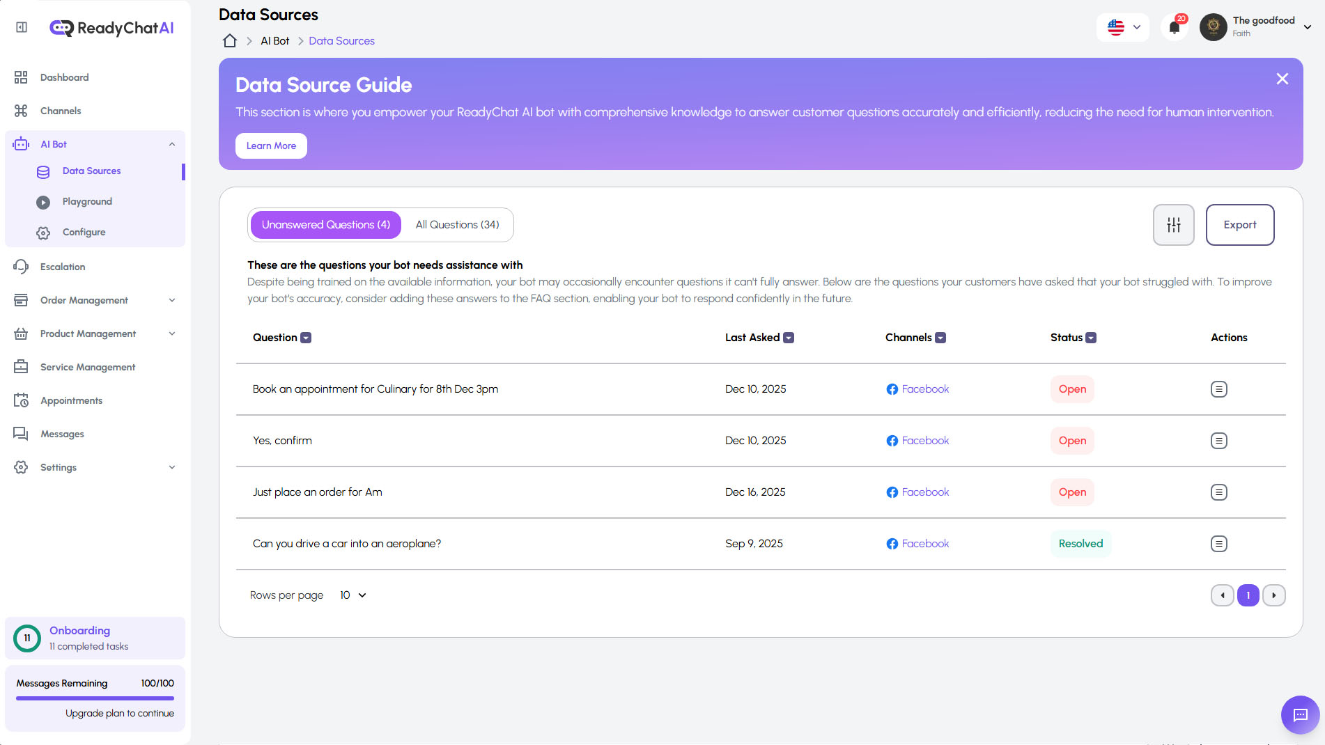 ReadyChatAI Data Sources Interface