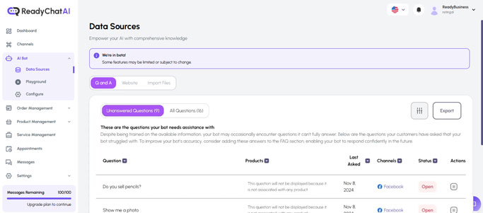 ReadyChatAI Data Sources Interface