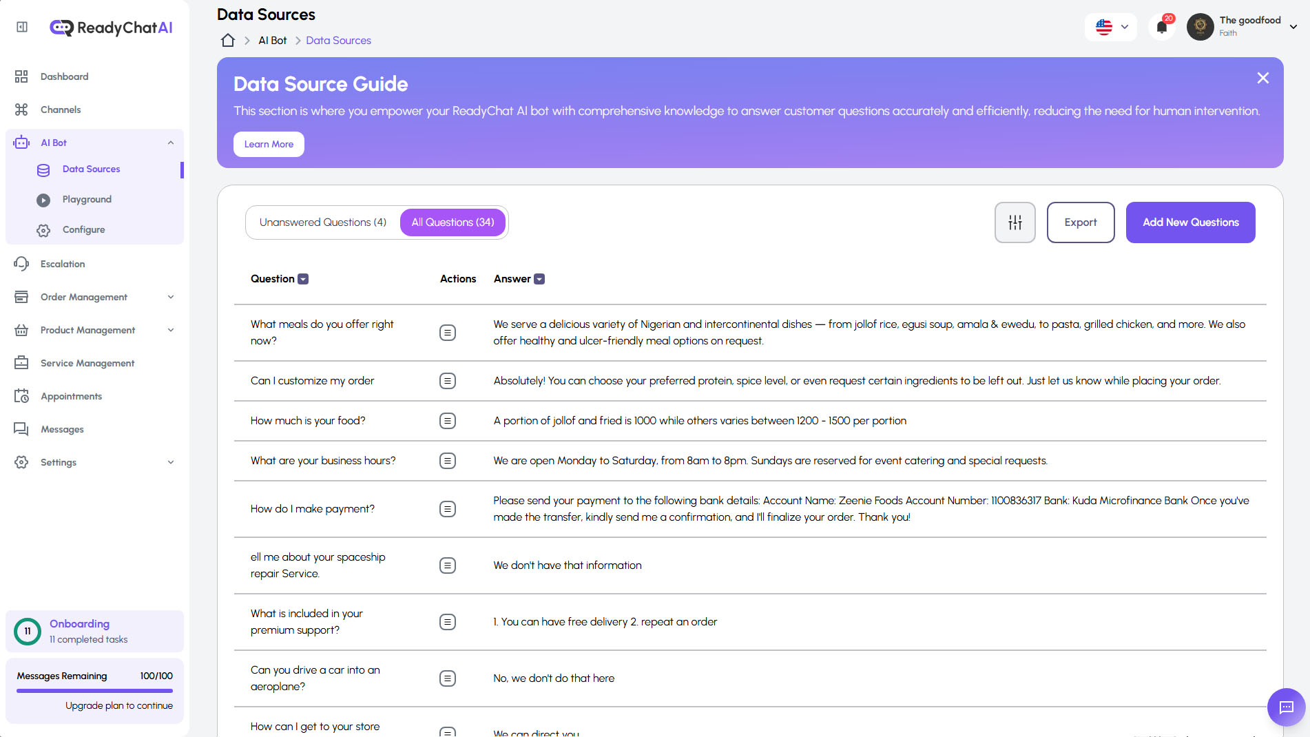 ReadyChatAI Data Sources Extended View