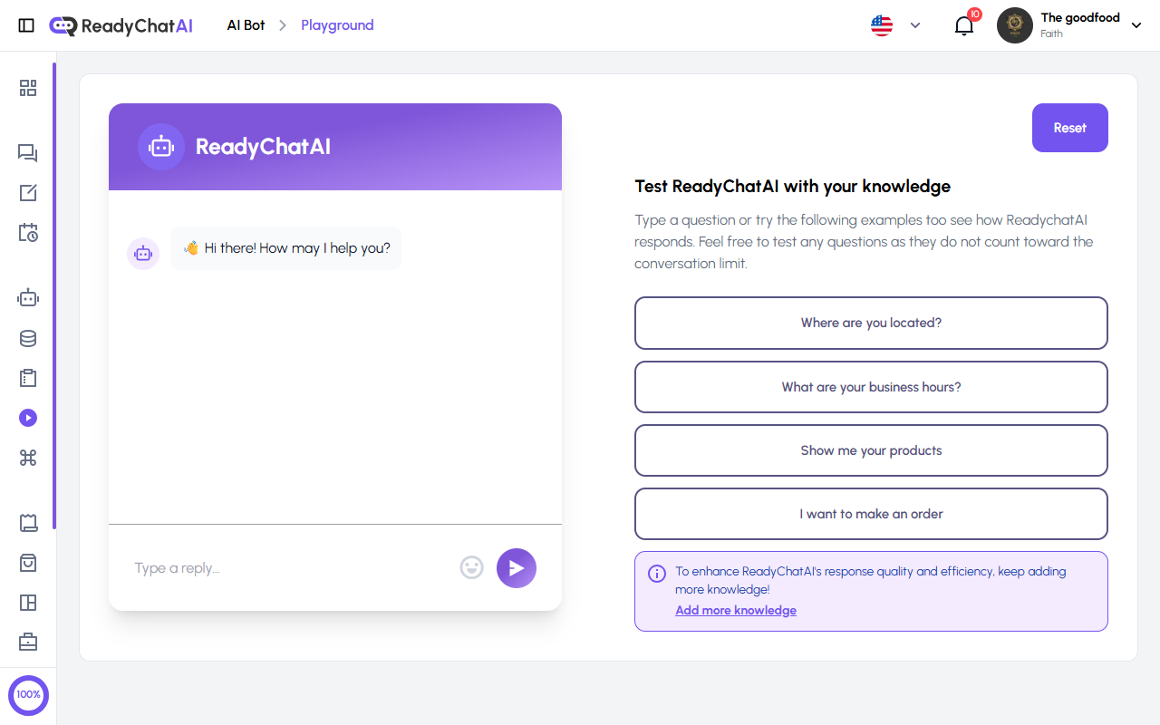 ReadyChatAI Playground Interface