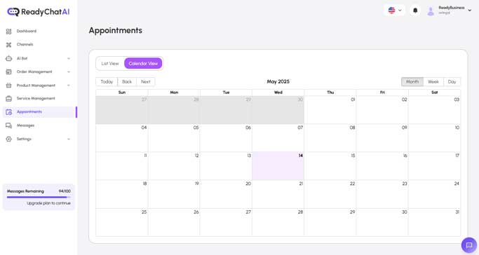 ReadyChatAI Appointments Calendar View