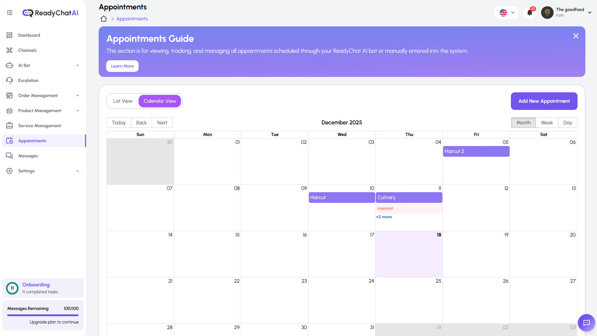 ReadyChatAI Appointments Calendar View