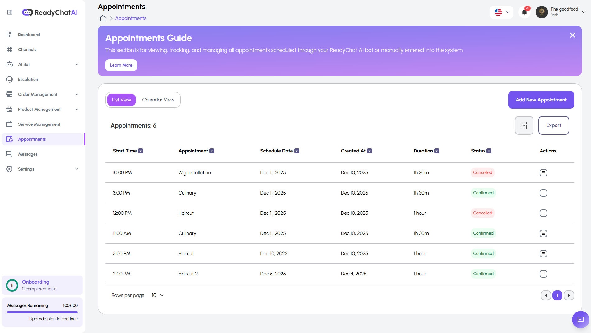 ReadyChatAI Appointments List View