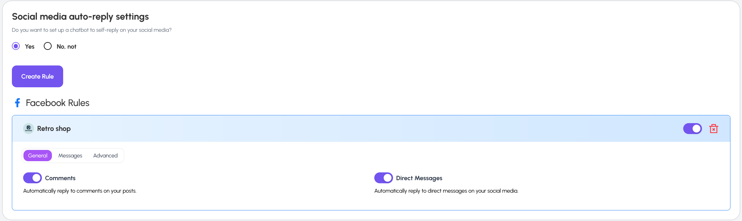 Social Media Auto-Reply Settings