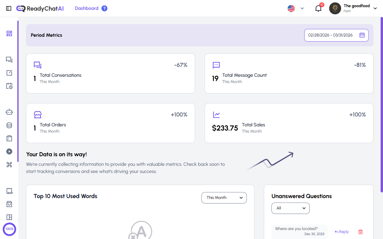 ReadyChatAI Dashboard Interface