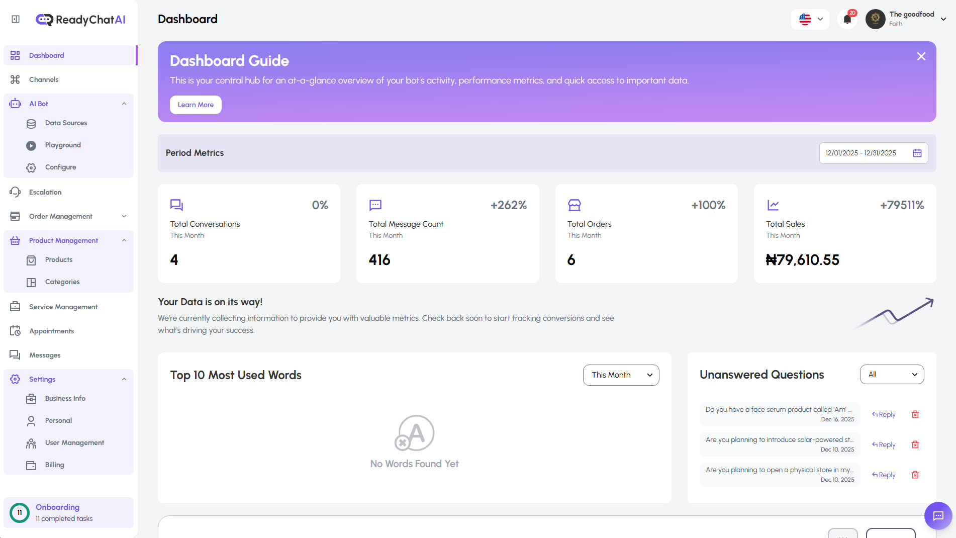 ReadyChatAI Dashboard Interface