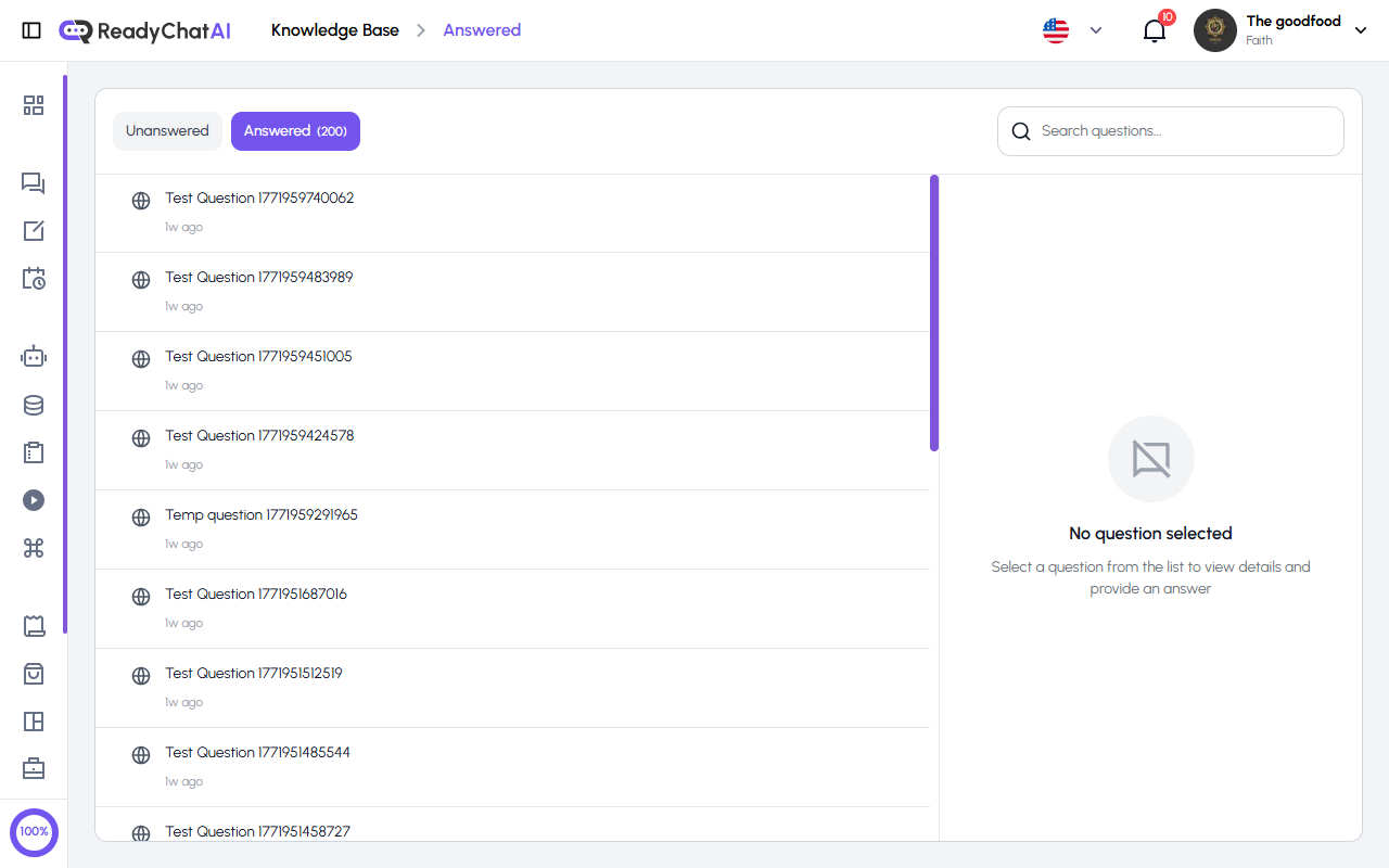 ReadyChatAI Knowledge Base - Answered Tab