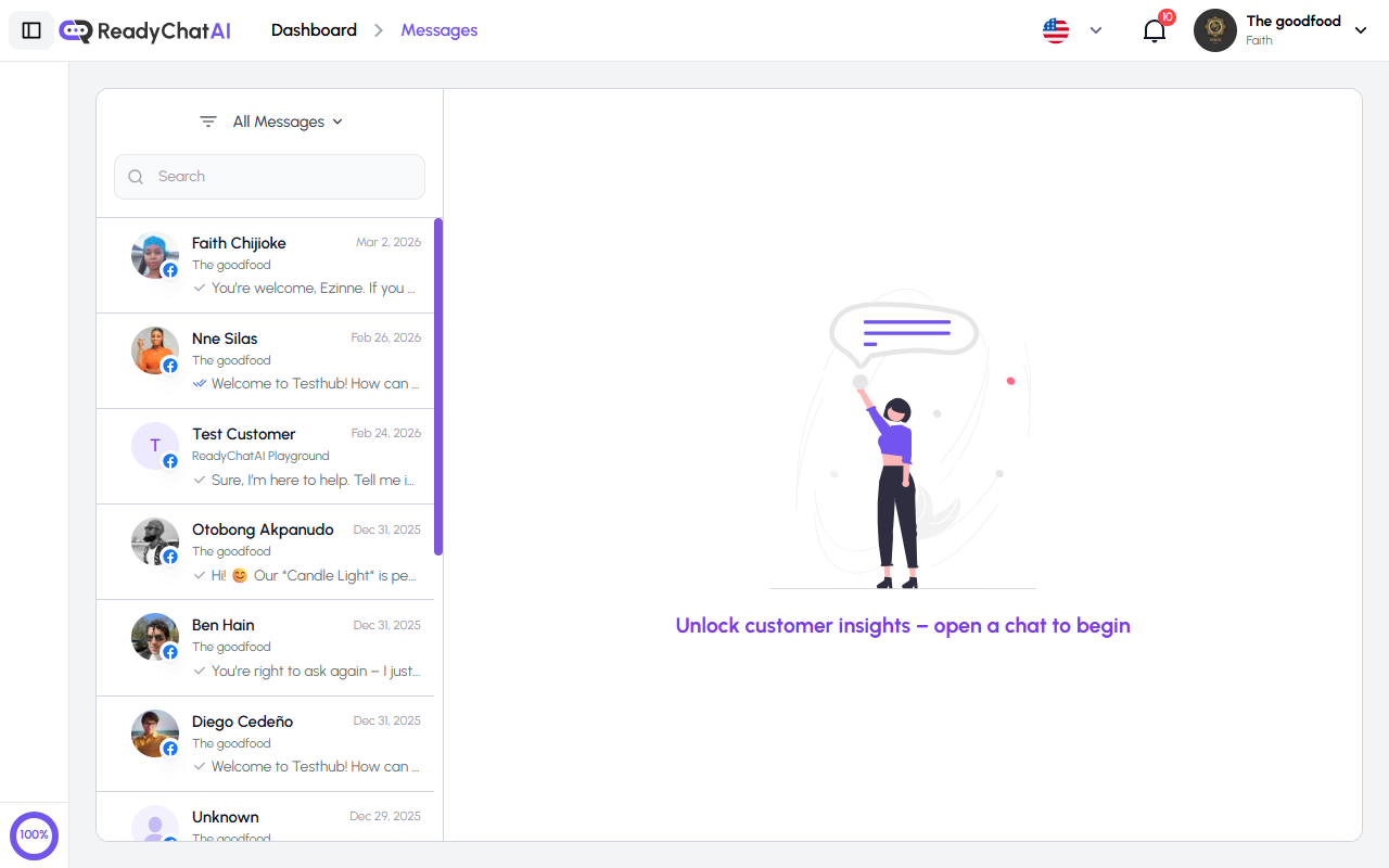 ReadyChatAI Messages Hub Interface