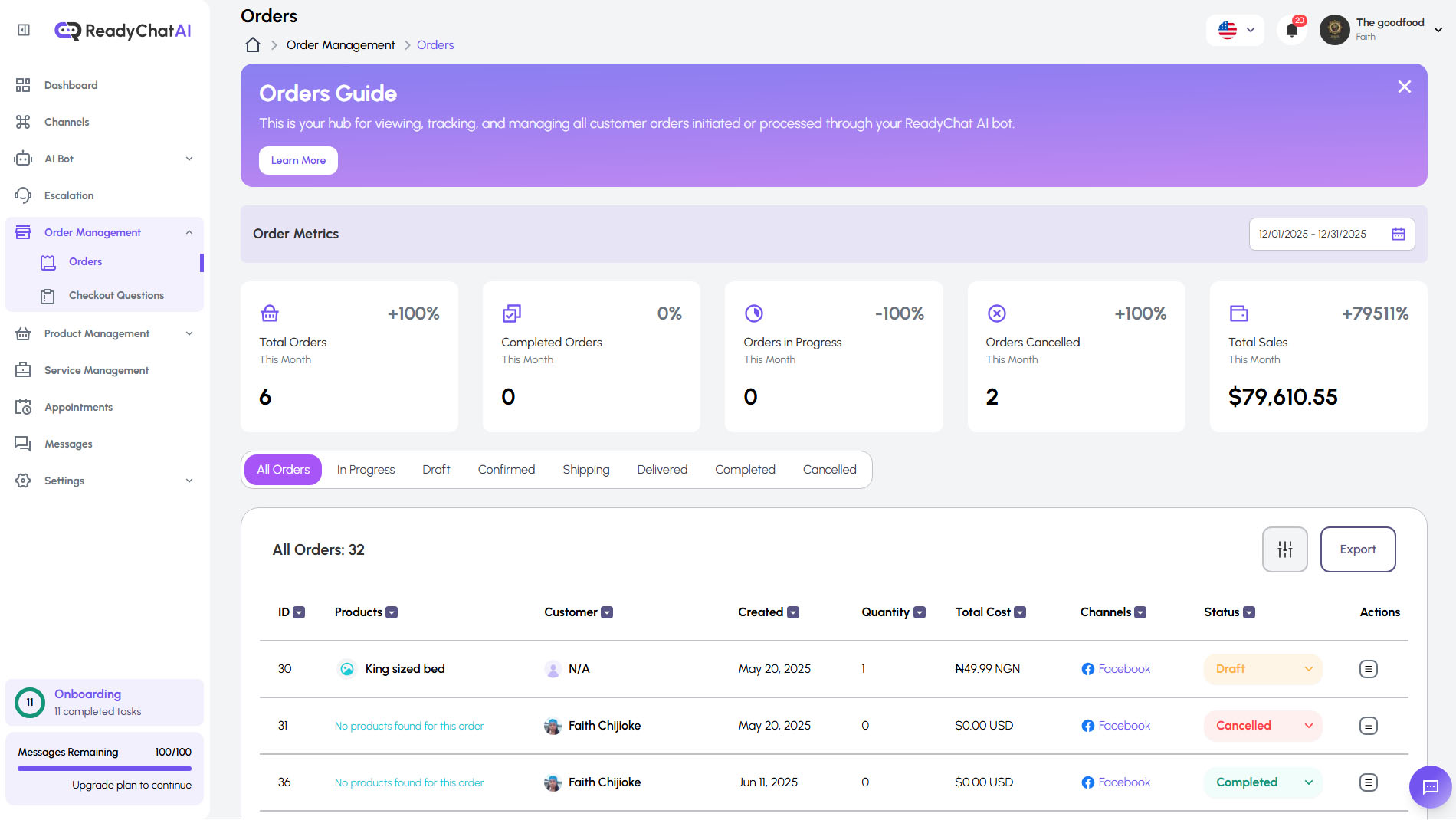 ReadyChatAI Orders Management Page