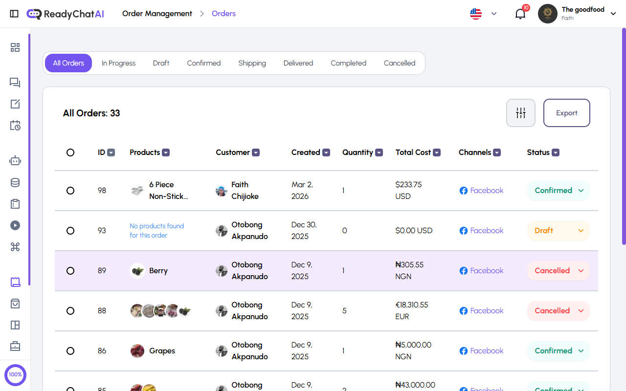 ReadyChatAI Orders Table