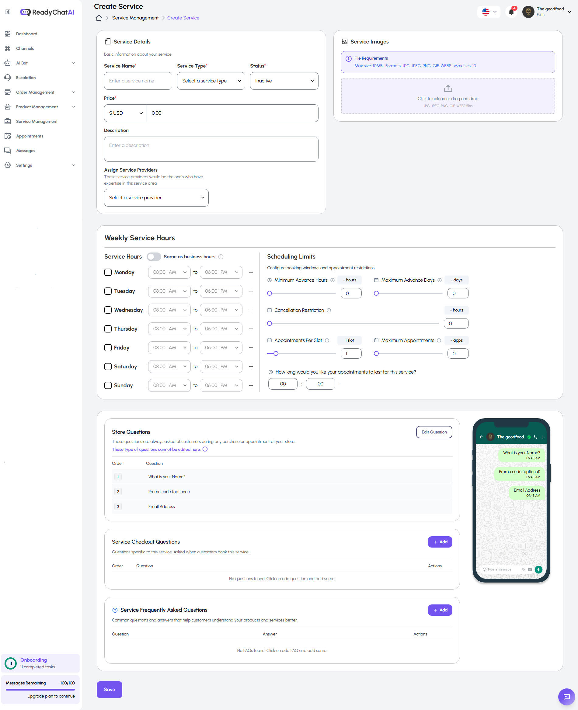 ReadyChatAI Create Servie Page