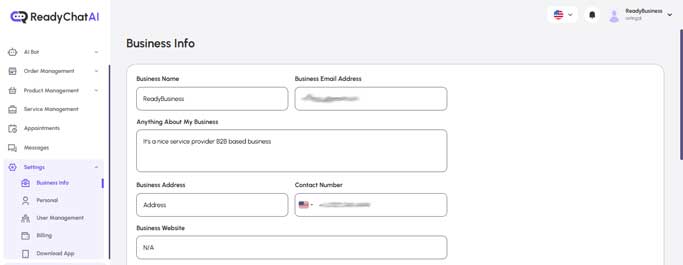 ReadyChatAI Business Info Settings Page