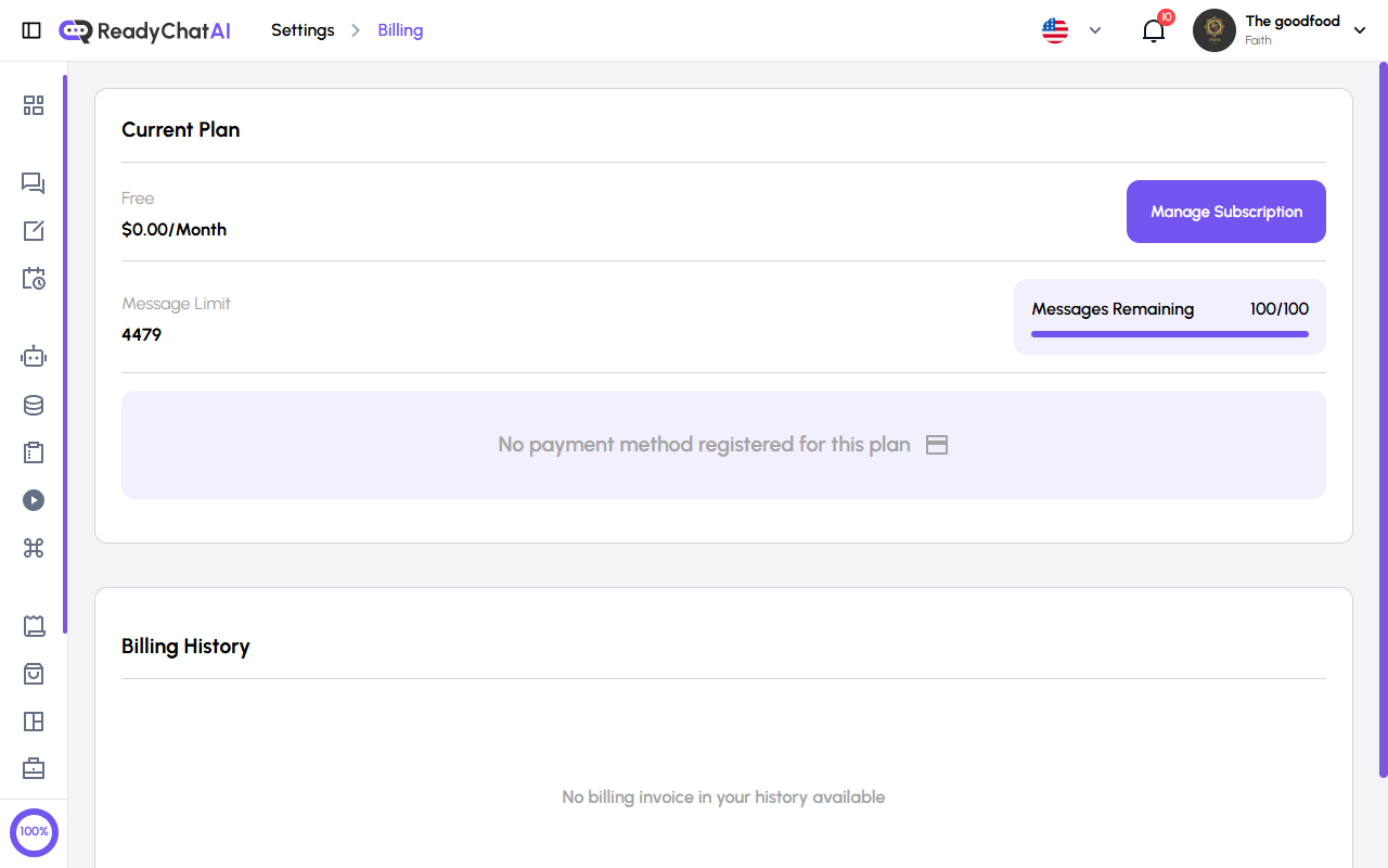 ReadyChatAI Billing Page
