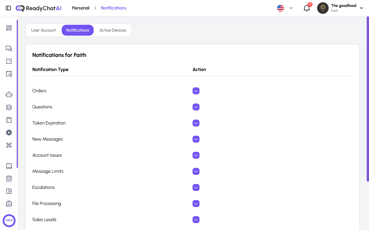 ReadyChatAI Personal Settings - Notifications