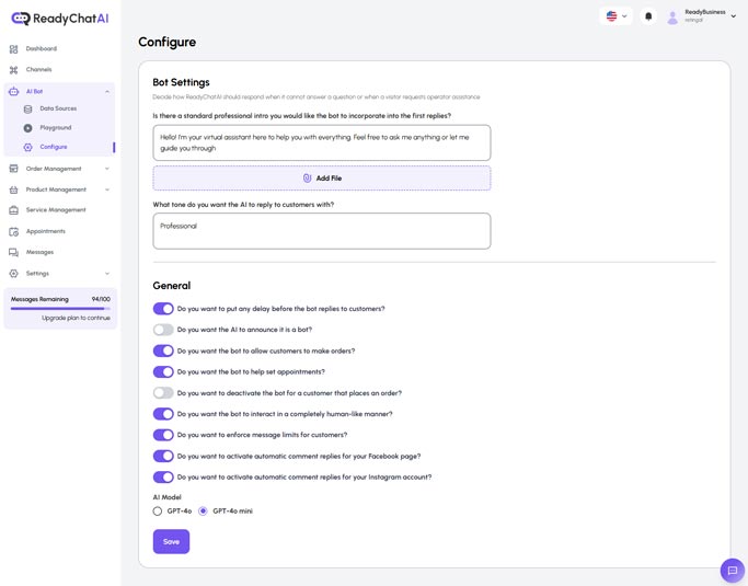Página de Configuración del Bot de IA de ReadyChatAI