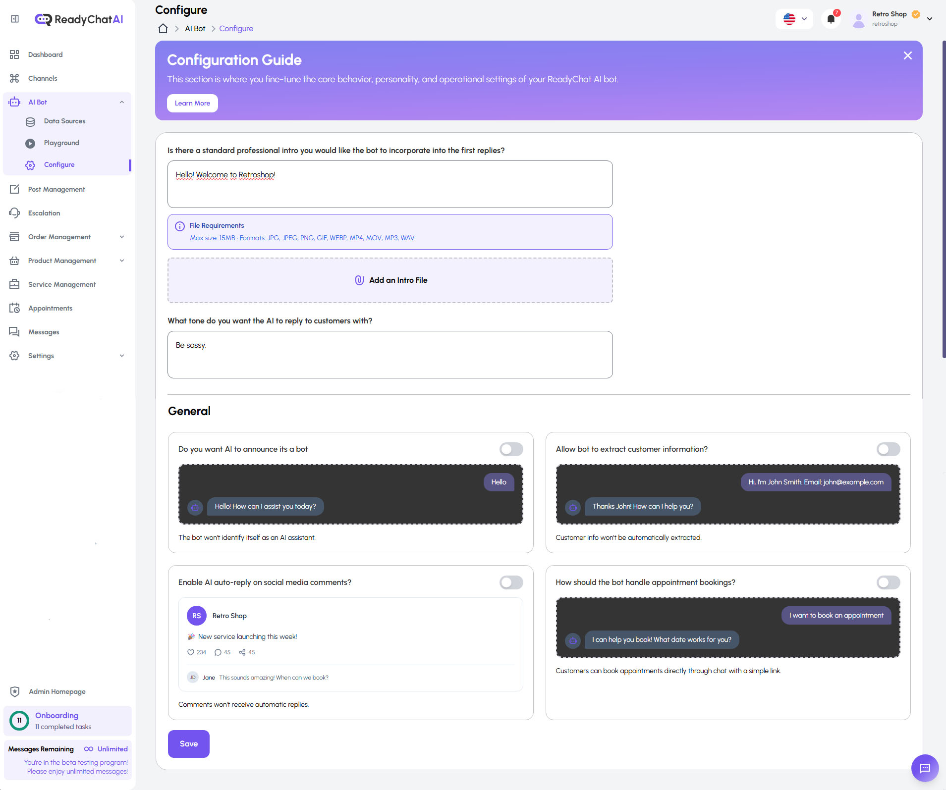 Página de Configuración del Bot de IA de ReadyChatAI