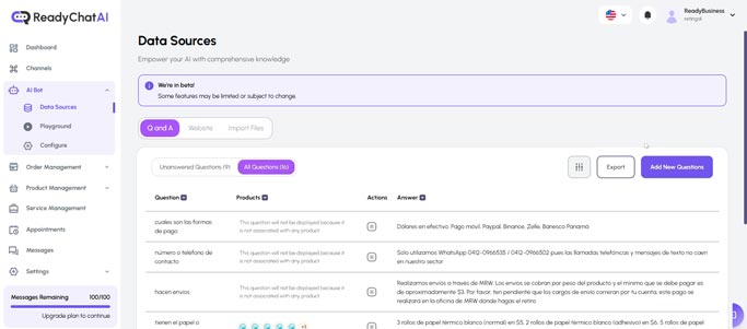Vista Extendida de Fuentes de Datos de ReadyChatAI