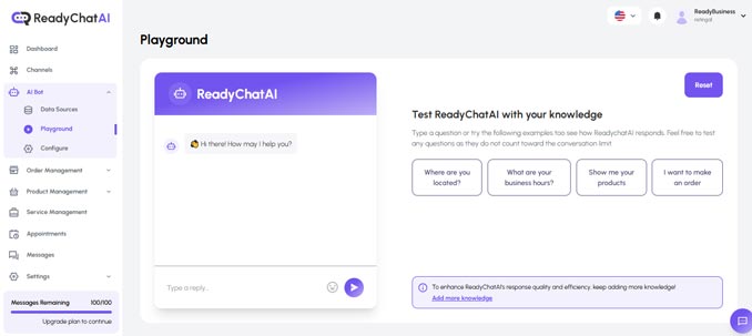 Interfaz de la Zona de Pruebas de ReadyChatAI