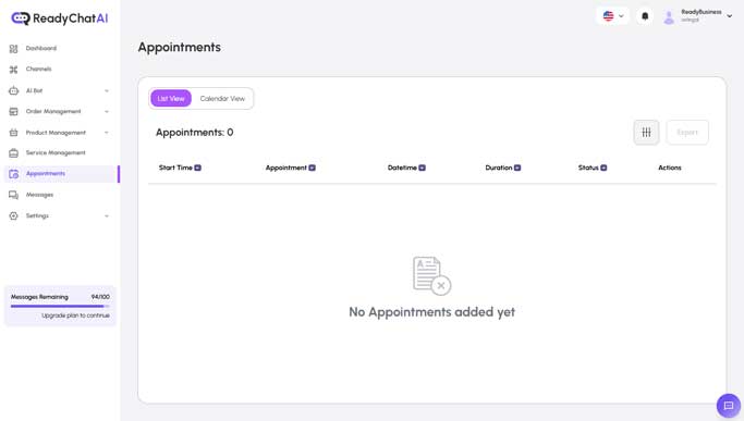 Vista de Lista de Citas en ReadyChatAI