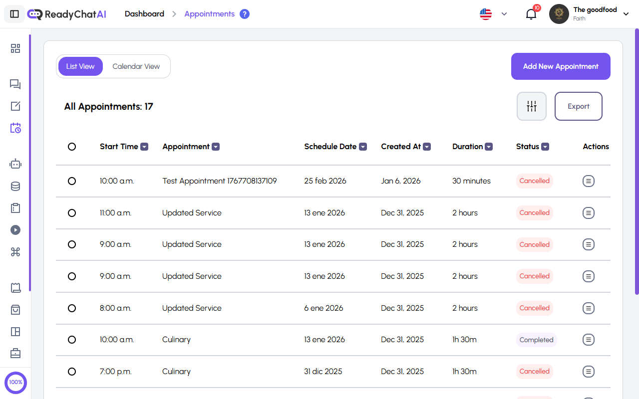 Vista de Lista de Citas de ReadyChatAI