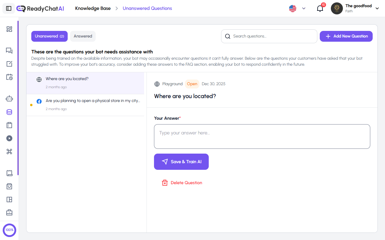 Base de Conocimientos de ReadyChatAI - Pestaña Sin Responder