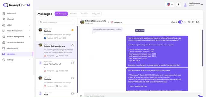 Interfaz del Centro de Mensajes de ReadyChatAI