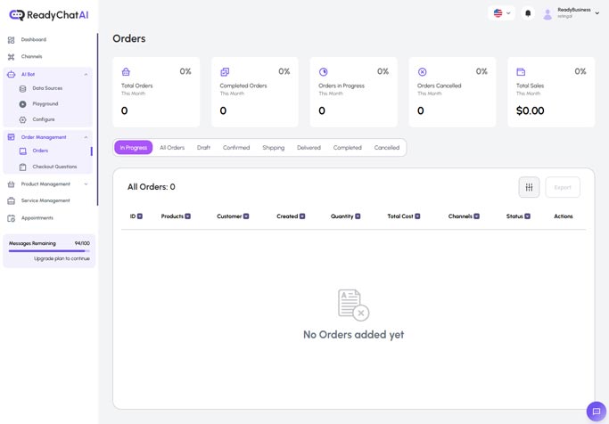 Página de Gestión de Pedidos de ReadyChatAI
