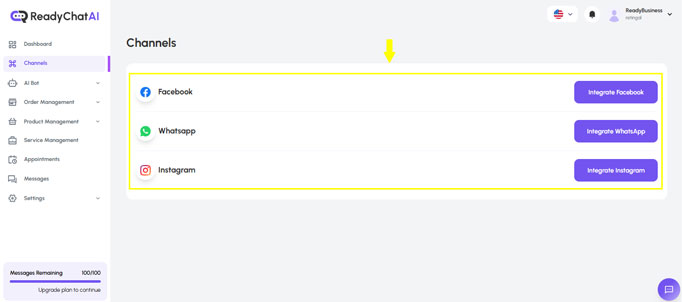 Página de Canales de ReadyChatAI