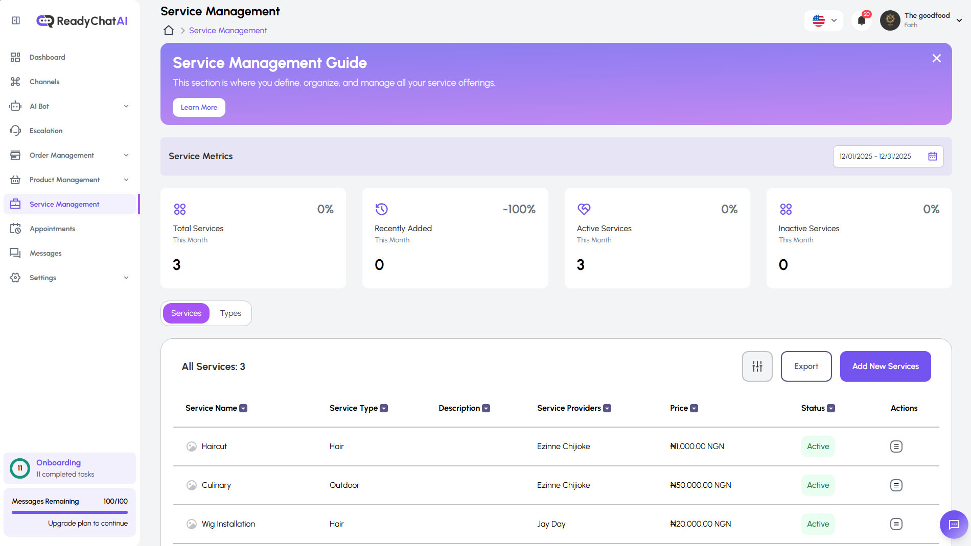 Página de Gestión de Servicios de ReadyChatAI