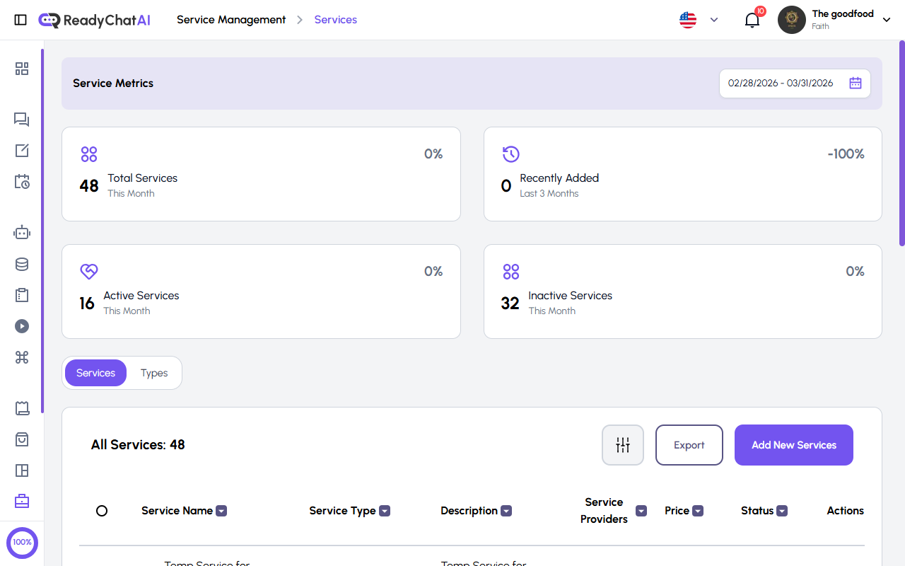 Página de Gestión de Servicios de ReadyChatAI