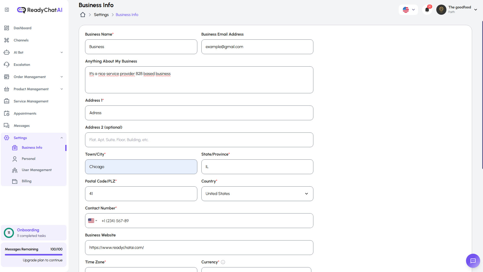 Página de Configuración de Información de la Empresa en ReadyChatAI
