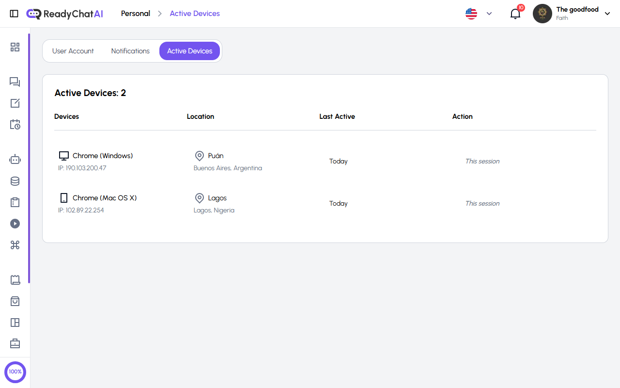 Configuración Personal de ReadyChatAI - Dispositivos Activos