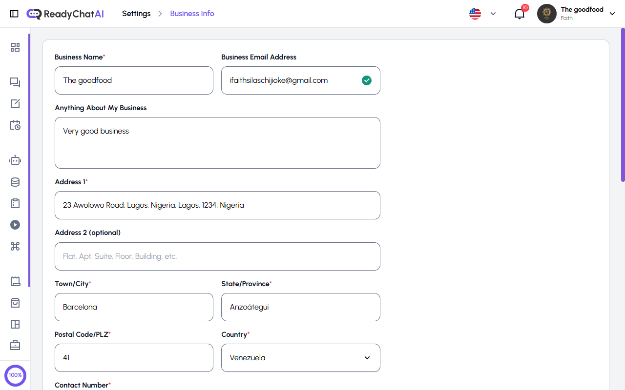 Página de Información de la Empresa en ReadyChatAI