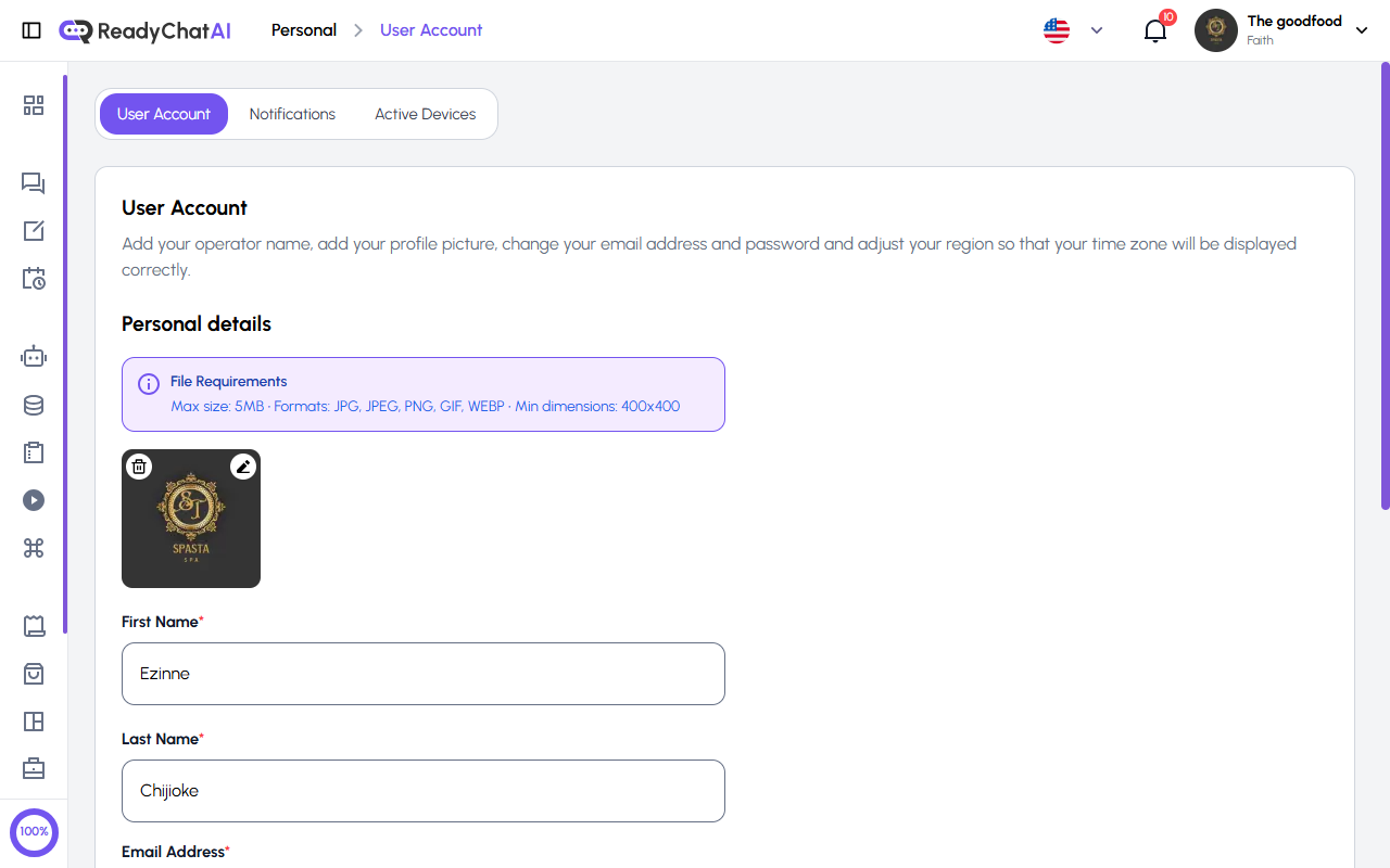 Configuración Personal de ReadyChatAI - Cuenta de Usuario